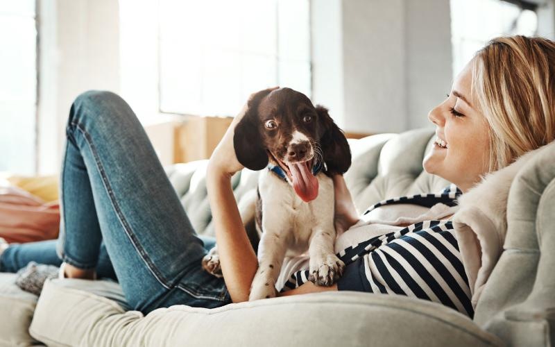 woman lies on a couch and pets her dog