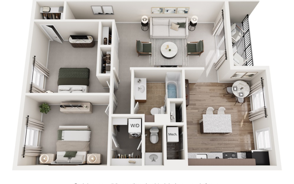 Two-Bedroom - 2 bedroom floorplan layout with 1.5 bathroom and 1115 square feet